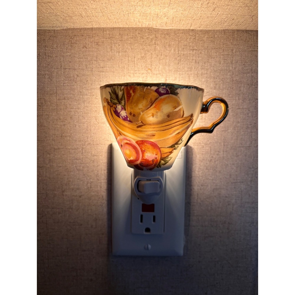 Handmade Vintage Teacup‎ Night Light Harvest Fruit Porcelain Gold Trim Plug In